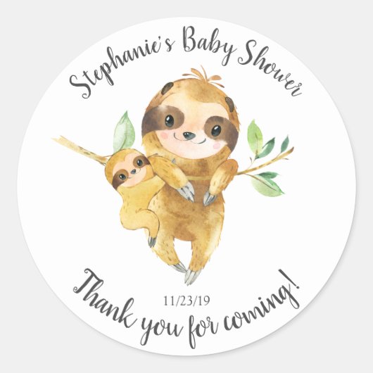 Schattig Sloth Baby shower Favor Sticker (Voorkant)