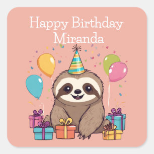 Schattig Sloth Happy Birthday gepersonaliseerd roz Vierkante Sticker