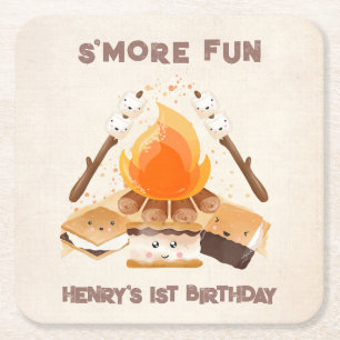 Schattig S'more Campfire 1e Verjaardagspapier Onde Vierkante Kartonnen Onderzetter