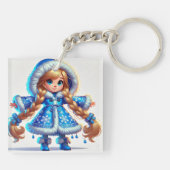 Schattig sneeuwmeisje in Blue Coat Sleutelhanger (Achterkant)