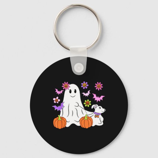 Schattig spook dat met hond loopt bloemenkurk pomp sleutelhanger (Voorkant)