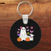 Schattig spook dat met hond loopt bloemenkurk pomp sleutelhanger (Voorkant)