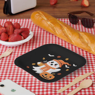 Schattig spook drinkt ijskoude koffie Halloween  Papieren Bordje