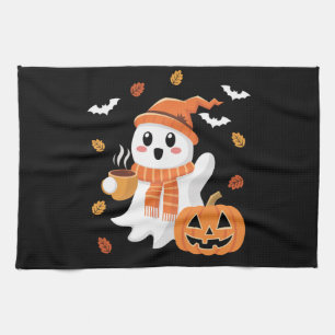 Schattig spook drinkt ijskoude koffie Halloween Theedoek