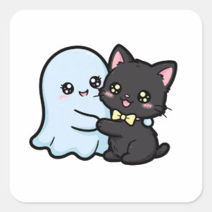 Schattig spook en zwarte kat Halloween Kawaii Vierkante Sticker