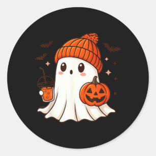 Schattig spook met muts die pompoenkoffie vasthoud ronde sticker