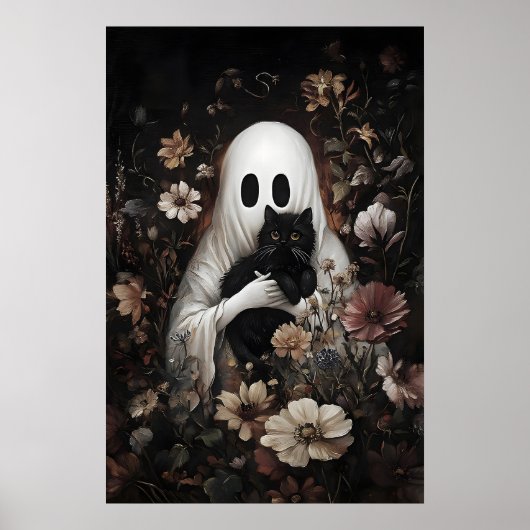Schattig spook omhelst zwarte kat print, digitaal poster (Voorkant)
