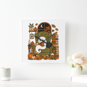 Schattig spookboek Zwarte kat Herfst Pompoen Vierkante Klok