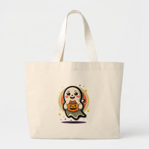 Schattig spookje met pompoen snoep emmer Retro Hal Grote Tote Bag