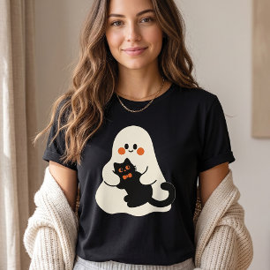 Schattig spookje met zwarte kat Halloween T-shirt