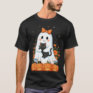 Schattig spookje met zwarte kat pompoenen herfst t-shirt