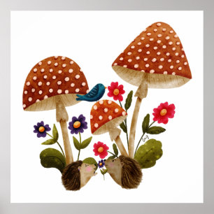 Schattig Stel Egels en Paddenstoelen Poster