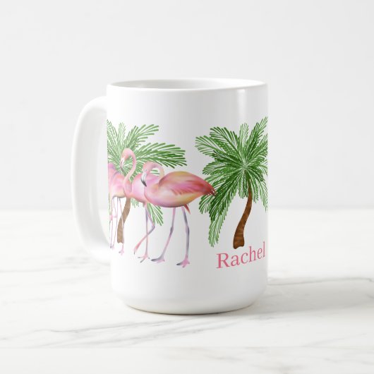 schattig strandroze flamingo voegt naam toe koffiemok (Voorkant links)