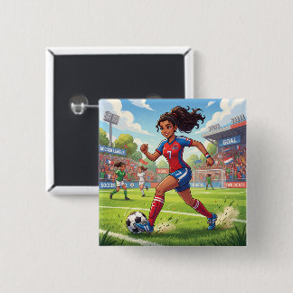 Schattig stripfiguur meisje speelt voetbal vierkante button 5,1 cm