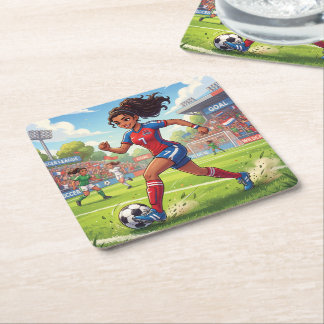 Schattig stripfiguur meisje speelt voetbal vierkante kartonnen onderzetter
