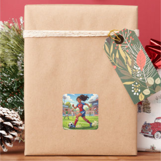Schattig stripfiguur meisje speelt voetbal vierkante sticker