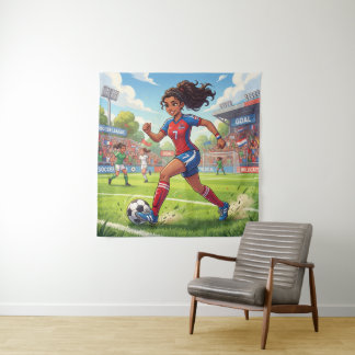 Schattig stripfiguur meisje speelt voetbal wandkleed