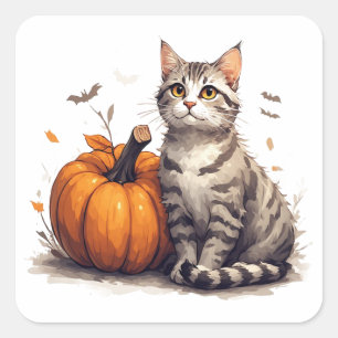 Schattig tabby poesje met pompoen Halloween plezie Vierkante Sticker