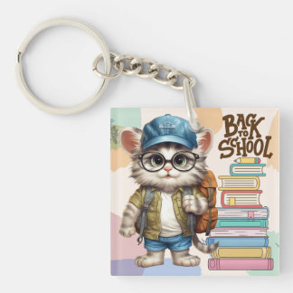 Schattig terug naar school kat dragen rugzak sleutelhanger