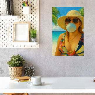 Schattig Tropisch Strand Meisje Bubble Gum Bel Poster