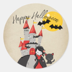 Schattig vampiermeisje en heksenhuis Halloween Ronde Sticker