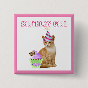 Schattig verjaardagsmeisje met poesje vierkante button 5,1 cm