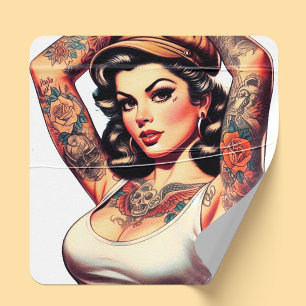 Schattig Vintage Tattoo Meisje Vierkante Sticker