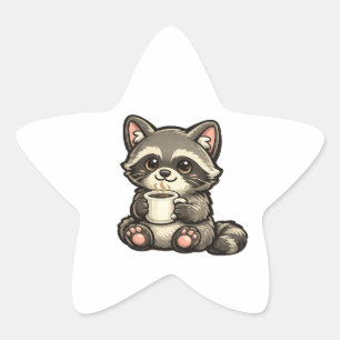 Schattig Wasbeer met Koffie – Knus Kawaii Dier Ster Sticker