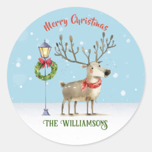 Schattig Waterverf Rendier Kerstboom Kaart Ronde Sticker
