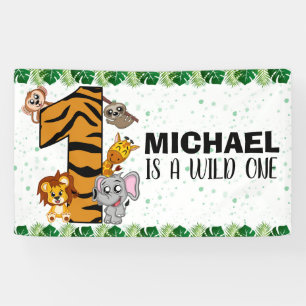 Schattig Wilde Eén Safari Jungle Dieren 1e Verjaar Spandoek