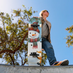 Schattig winter bos sneeuwman vossen skateboard