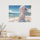 Schattig wit haired anime meisje op het strand poster (Keuken)