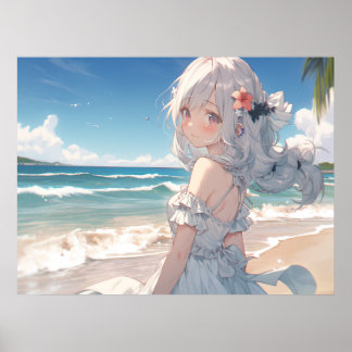 Schattig wit haired anime meisje op het strand poster