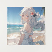 Schattig wit haired anime meisje op het strand