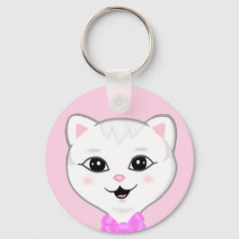 Schattig wit kattengezicht op lichtroze sleutelhanger
