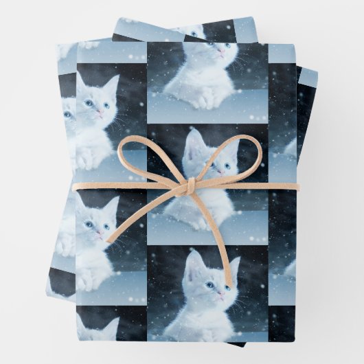 Schattig wit kitten met blauw ogen patroon inpakpapier vel (In situ)