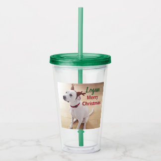 Schattig Wit Rendier Puppie Hond Foto Kerstmis Acryl Drinkbeker
