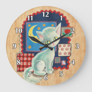 Schattig Witte Katje en Patchwork Grote Klok