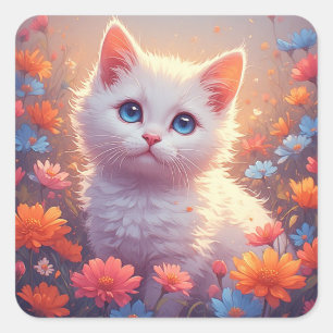 Schattig Witte Kitten Met Bloemen 💖 Vierkante Sticker