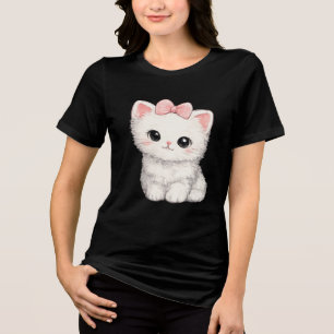 Schattig Witte Kitten met Roze Strik Tri-Blend Shirt