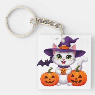 Schattig Witte Kittenspookjes Halloween Heksenhoed Sleutelhanger