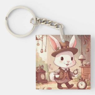 Schattig Witte Konijn Wonderland Whimsische Tijdsb Sleutelhanger