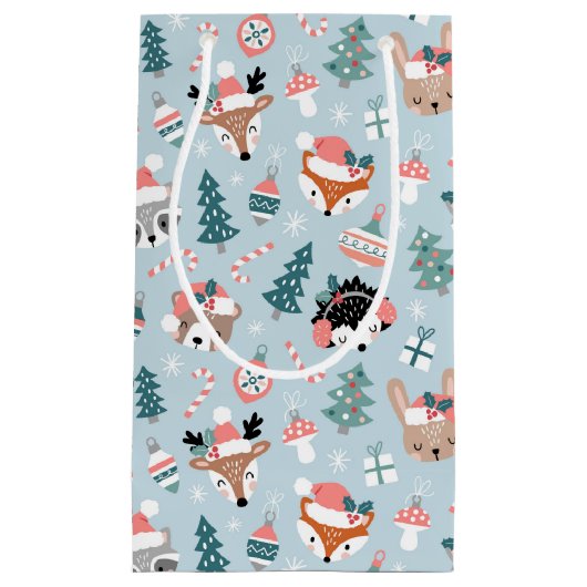 Schattig Woodland Christmas Animal Faces Pattern Klein Cadeauzakje (Voorkant)