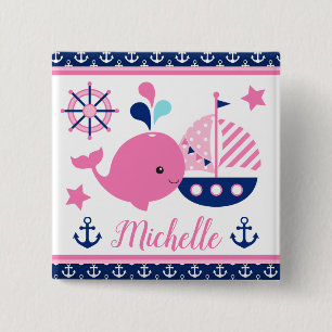 Schattig Zeevaart Roze Walvis en Anker Patroon Vierkante Button 5,1 Cm