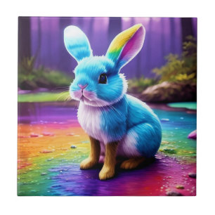 Schattig Zittend Blauw Konijnenportret  Tegeltje