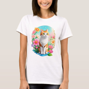 Schattig zoet Sinaasappel Tabby Kat met Bloemen zo T-shirt