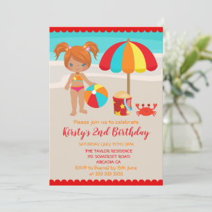 Schattig Zomerstrand Meisje Verjaardagsfeestje Kaart