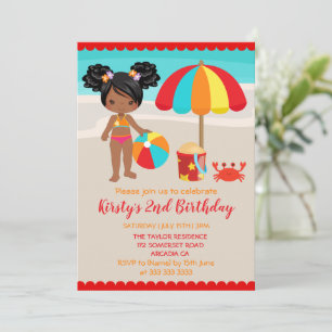 Schattig zomerstrandmeisje verjaardagsfeestje kaart