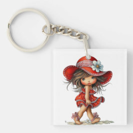 SCHATTIG ZOMERTHEMA MEISJE GEKLEED IN ROOD SLEUTELHANGER