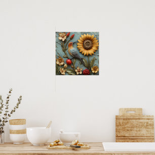 Schattig Zonnebloem Vogel Lieveheersbeestje Bloemi Poster